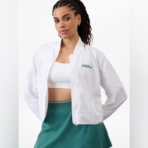 Athleta Women's White Crosscourt Bomber Jacket with green accents